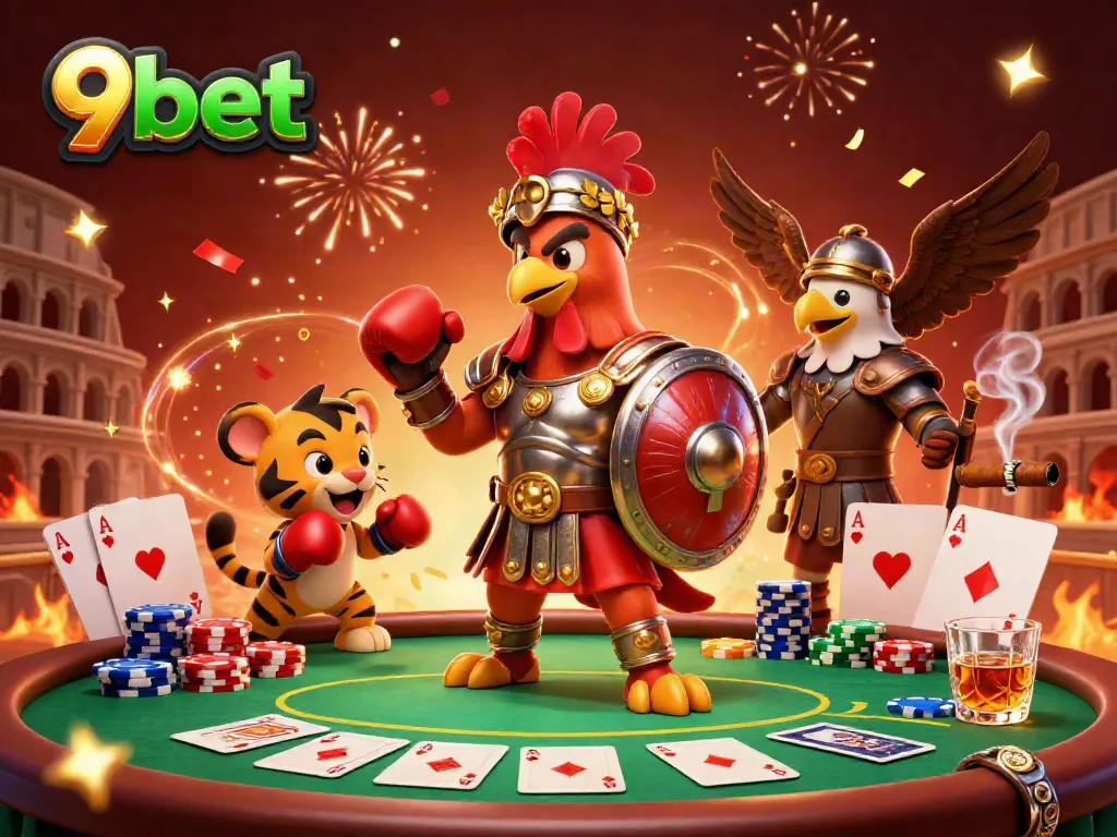 Experience thrilling poker action with 9bet's vibrant illustration featuring dynamic gaming elements and characters.