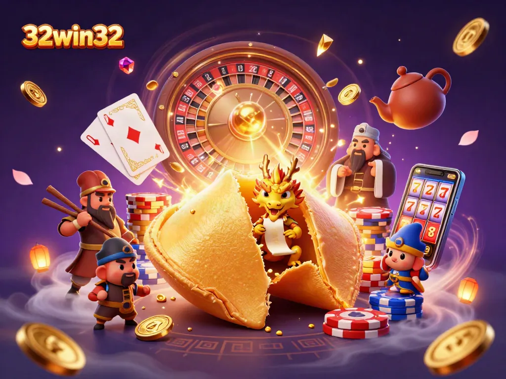 Experience the thrill of 32win32 with golden fortune cookies, vibrant casino elements, and interactive characters.