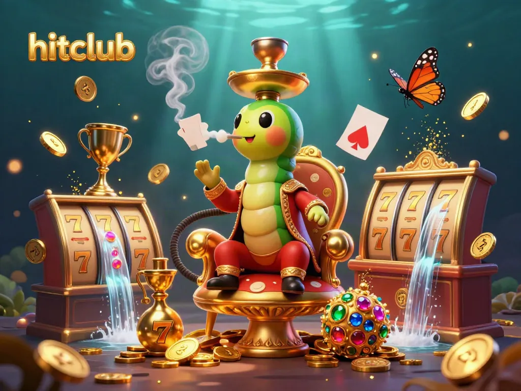 Experience thrilling gameplay at hitclub with a vibrant 3D illustration of a hookah-master caterpillar and dazzling casino elements.