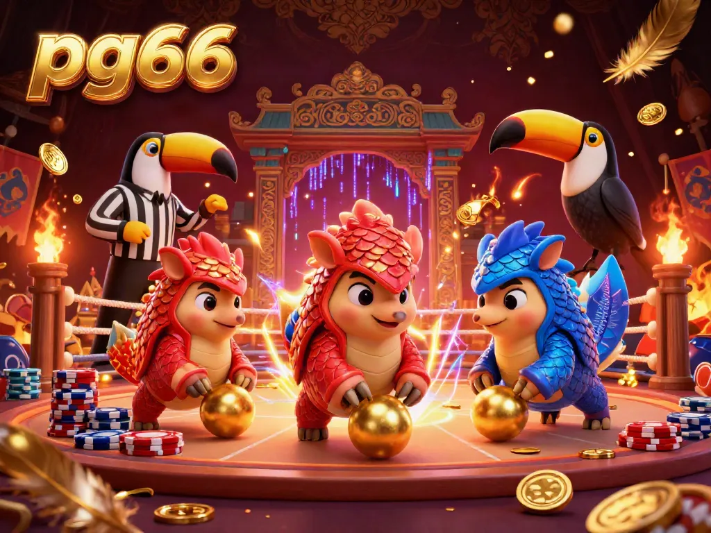 Engage in dynamic gaming action with pg66 as colorful pangolins compete amidst golden poker chips and vibrant casino elements.