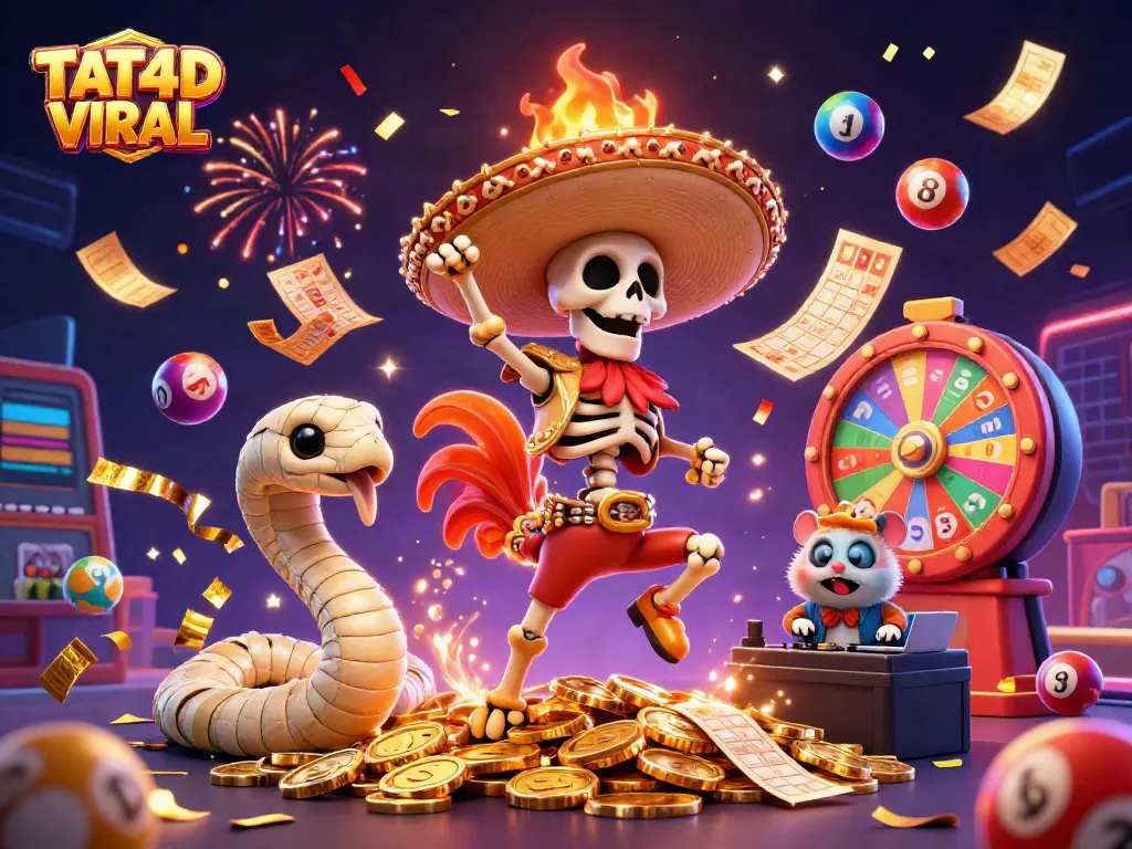 TAT4D VIRAL showcases a vibrant win with a skeleton mariachi rooster and magical elements.