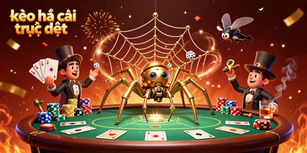 Engage with kèo nhà cái trực tiếp in an epic casino scene featuring a golden spider and a trapped fly gentleman.