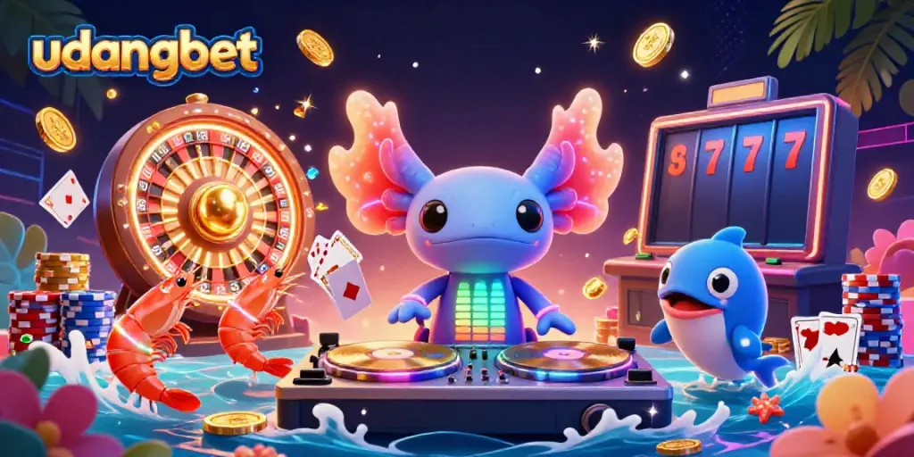 Experience the excitement of udangbet with vibrant casino elements and party characters in a lively underwater scene.