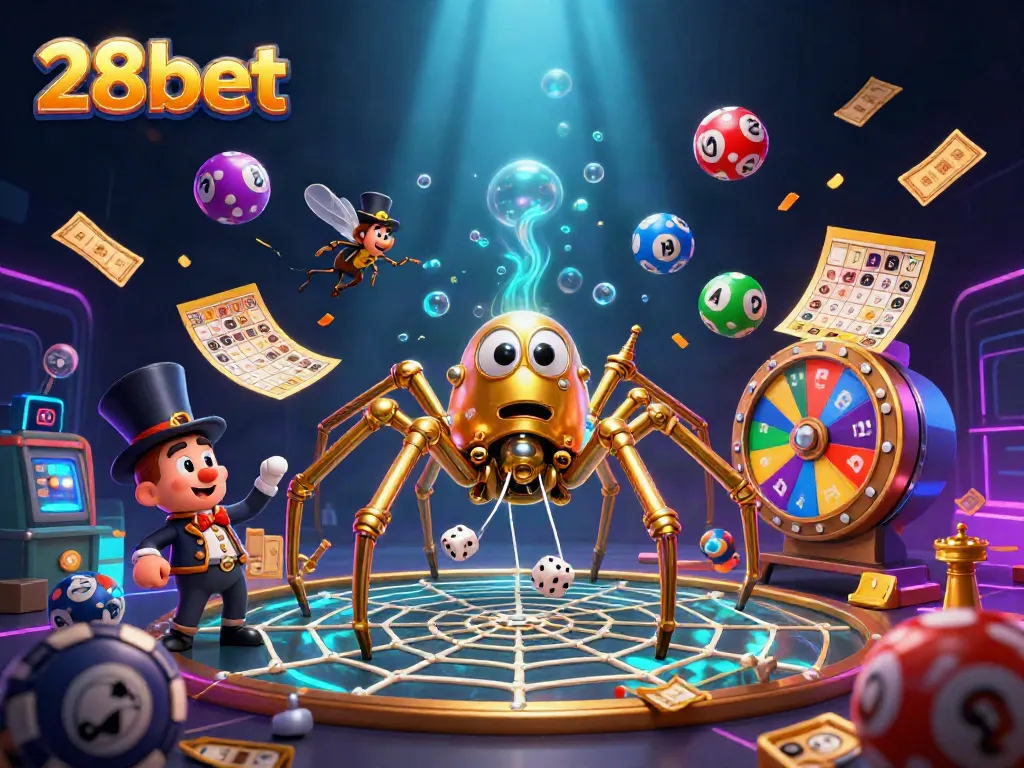Engage with 28bet's thrilling gambling world featuring a steampunk spider and animated lottery elements.