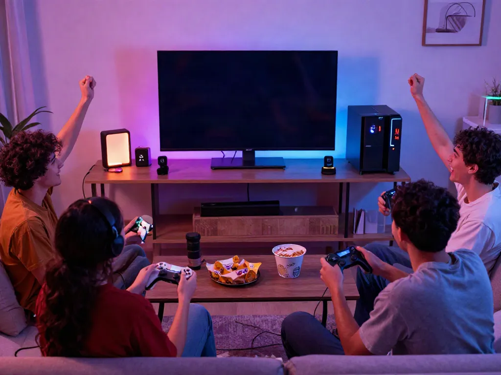 Group enjoying KILAT404 games together in a lively living room setting.