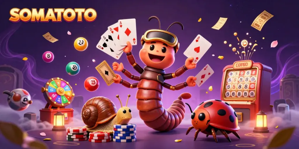 SOMATOTO dealer scene bursting with colorful lottery elements and dynamic characters in a casino setting