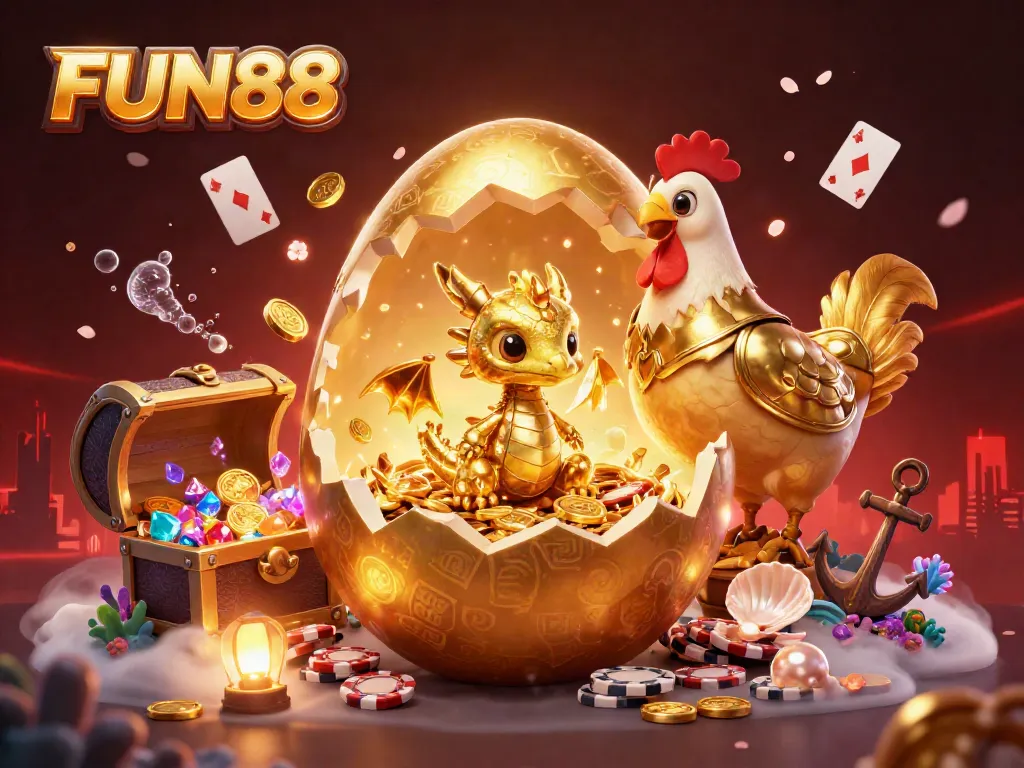 Engage in thrilling fun with FUN88's lively casino illustration featuring a golden dragon and poker chips.