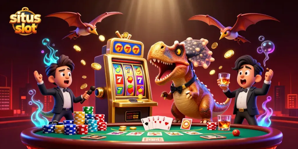 Situs slot illustration with dinosaurs enjoying a jackpot win, showcasing vibrant casino elements.