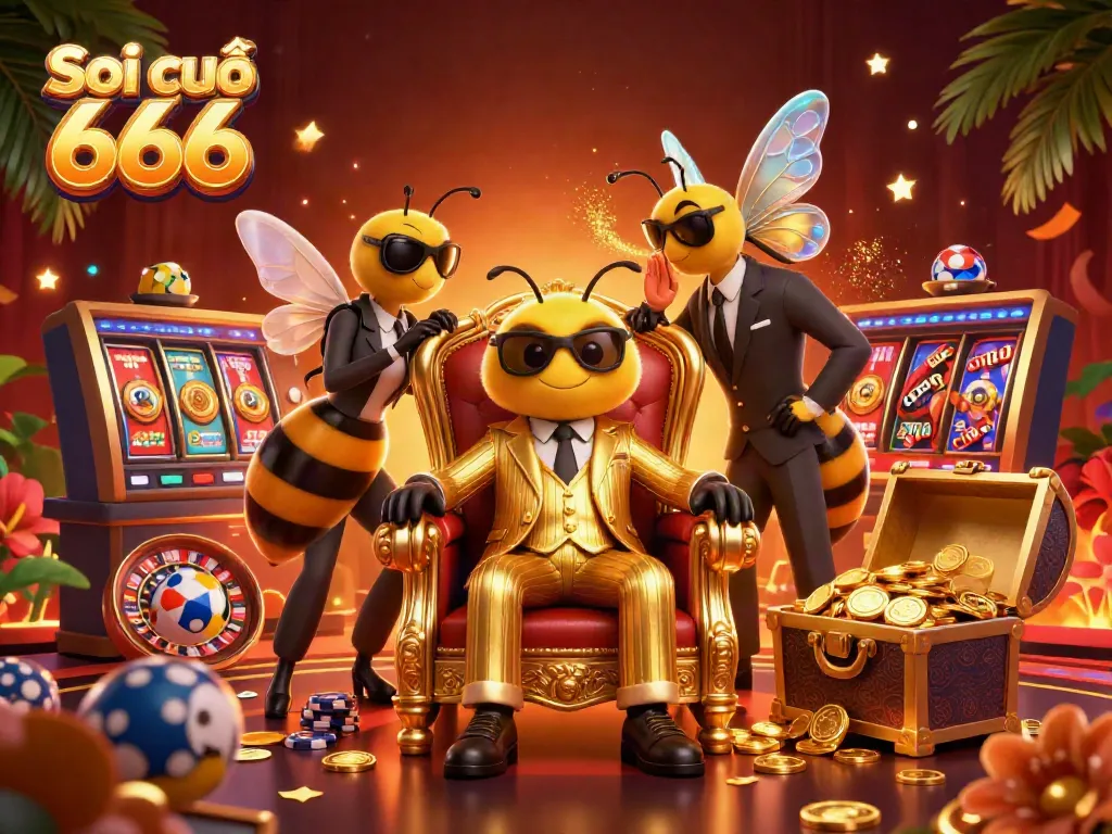 Soi cầu 666 showcases a bumblebee mob boss in a casino throne, flanked by wasp bodyguards, amidst vibrant gaming elements.