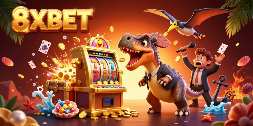 Catch the action at 8XBET as a dinosaur interacts with a golden slot machine amidst flying coins!