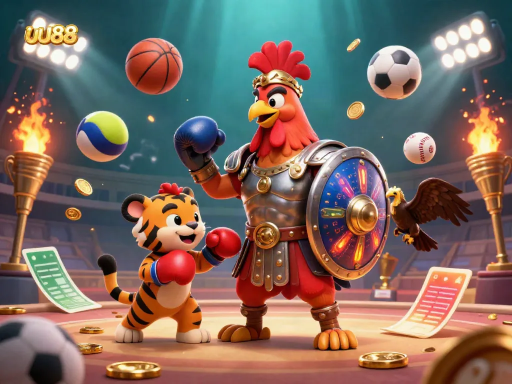 Experience the uu88 thrill with a cartoon gladiator rooster amidst dynamic sports gambling action in a vibrant colosseum.