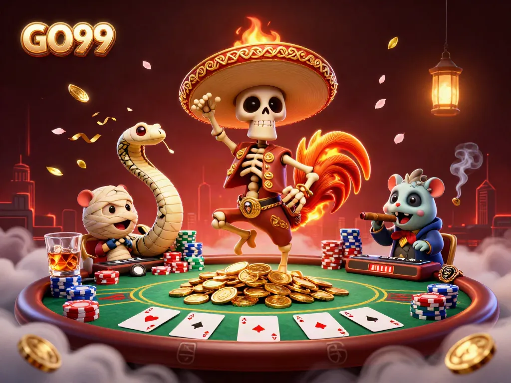 Experience the excitement at GO99 with a vibrant scene featuring a 3D Mariachi rooster celebrating wins amongst golden coins and poker elements.