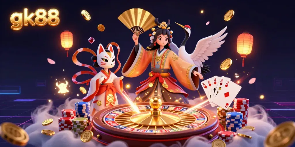 Experience the vibrant gk88 casino scene with kabuki warriors and golden treasures.