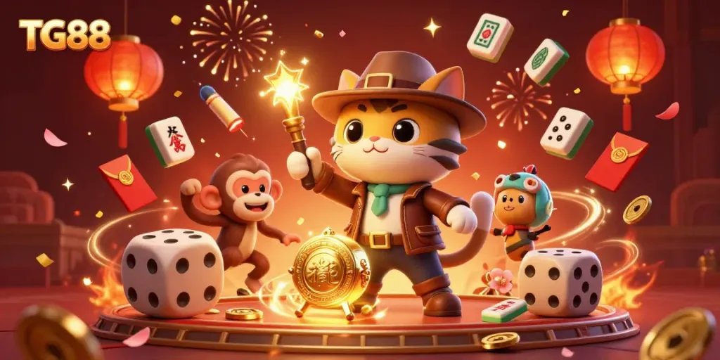 Engage in thrilling gameplay at TG88 with rich casino artifacts, floating mahjong tiles, and festive energy swirling around.