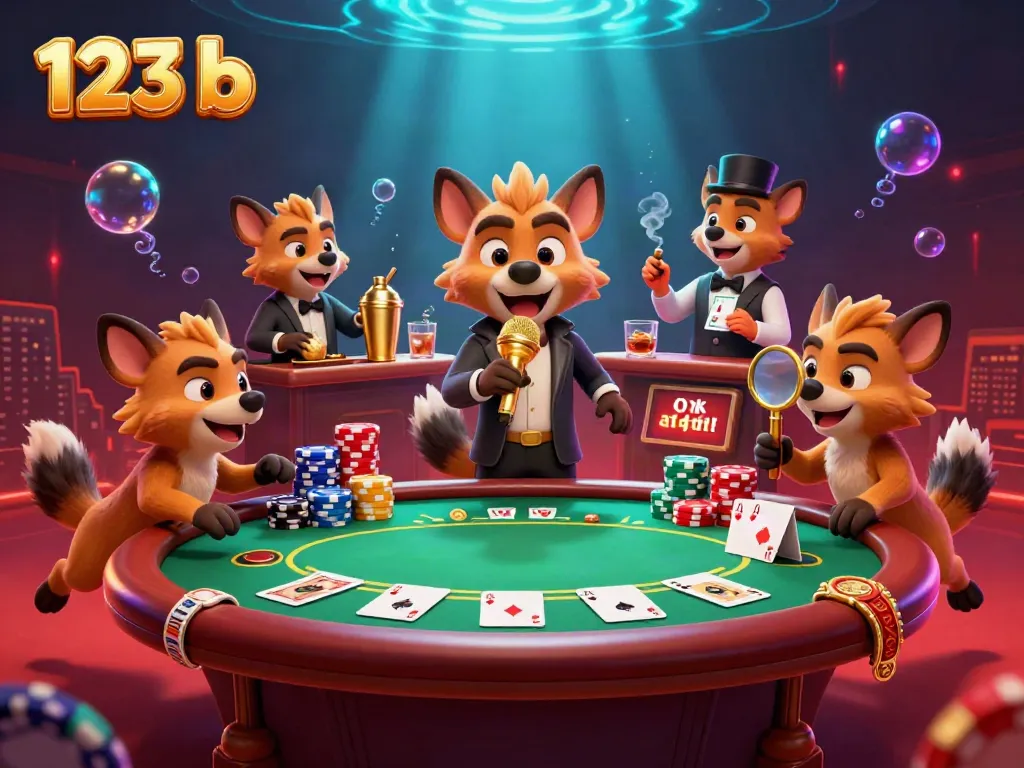 Hyenas joke and mix drinks at the 123 b comedy casino club, surrounded by poker elements.