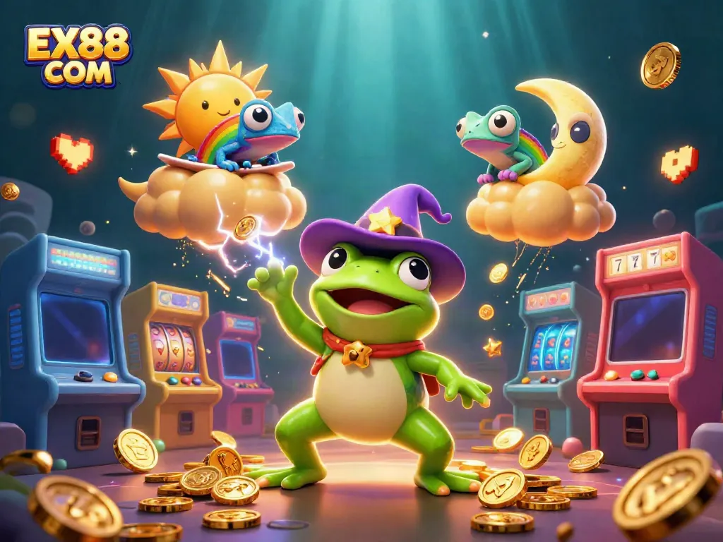 Experience the magic of EX88 COM with a vibrant 3D illustration of winning atmospheres in gaming.