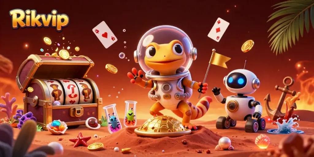 Rikvip gecko explores a buried golden casino in Martian sands, surrounded by slot elements and underwater treasures.