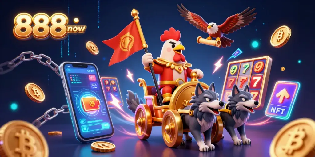 Engage with 888now's vibrant 3D cartoon casino illustration featuring dynamic gaming elements for thrilling action.