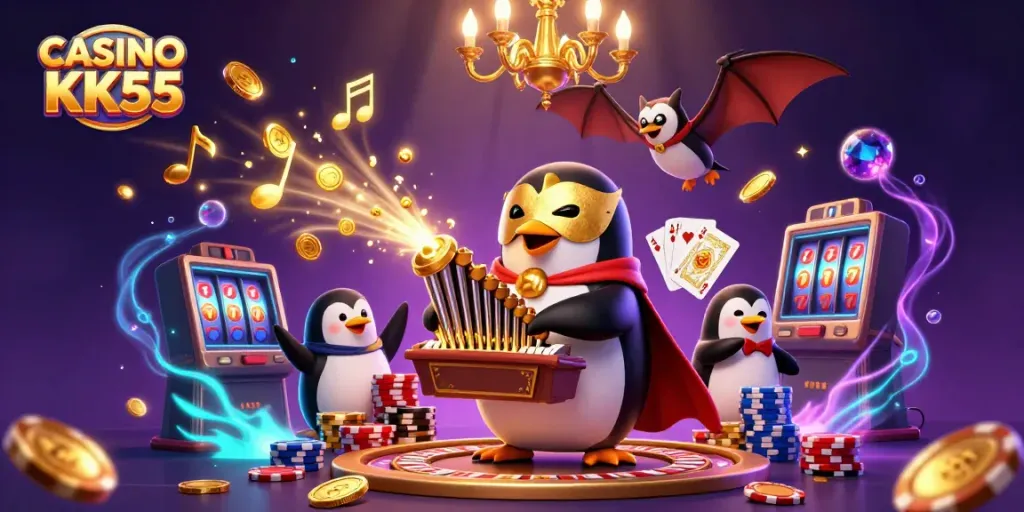 Experience winning excitement at CASINO KK55 with golden coins and lively casino characters.