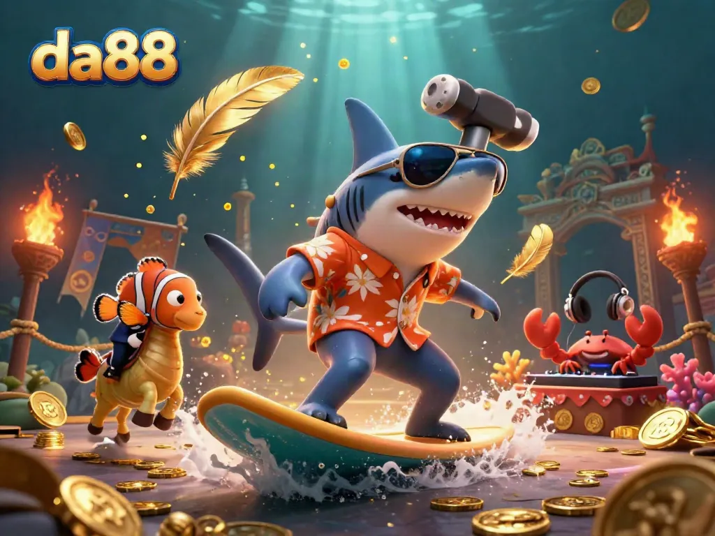 Engage with da88’s thrilling underwater casino adventure featuring vibrant characters riding waves of gold.