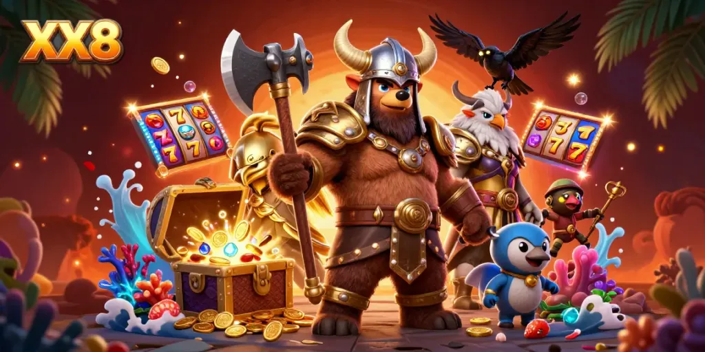 Experience thrilling casino action with XX8's epic Viking and Valkyrie characters amidst treasure-filled visuals.