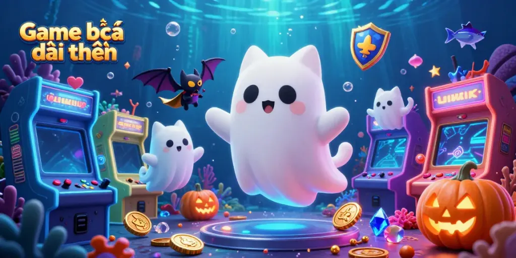Engage with the vibrant underwater world of Game bắn cá đổi thưởng, showcasing a cartoon ghost cat and bat in a lively casino.