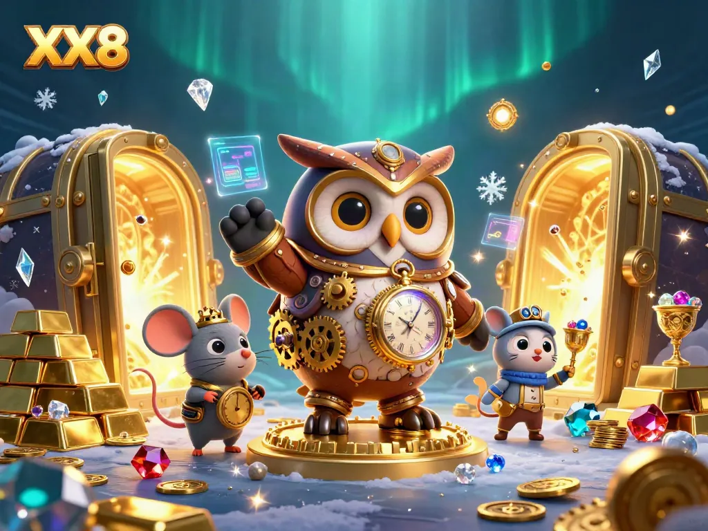 Experience the thrill of XX8 casino with a 3D owl and dynamic treasures bursting with jewels.