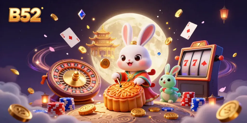 Engage with B52's vibrant casino experience featuring a moon rabbit illustrating playful gambling elements.