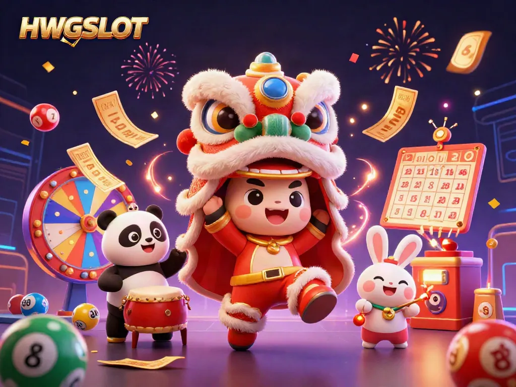 Engage with HWGSLOT's thrilling gambling environment, featuring festive characters and dynamic game elements.