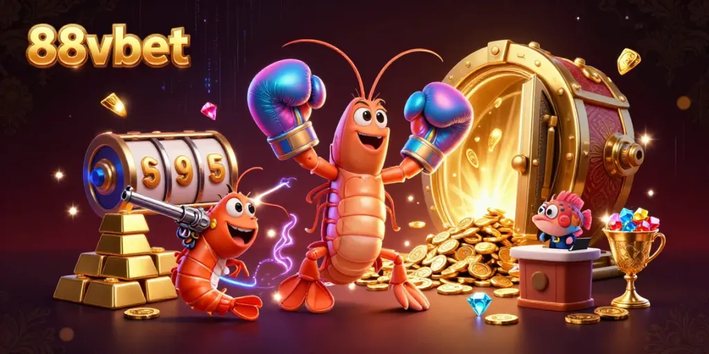 Engage in thrilling gambling action with 88vbet, showcasing vibrant 3D cartoon mantis shrimp and gold treasures bursting from a vault.
