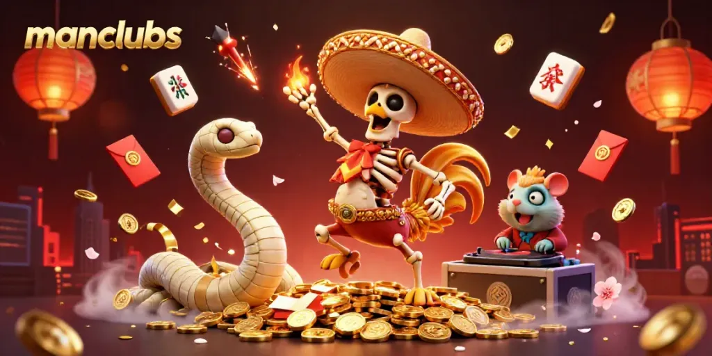 Experience thrilling fun at manclubs with a lively 3D illustration of animated casino characters celebrating amidst golden coins.