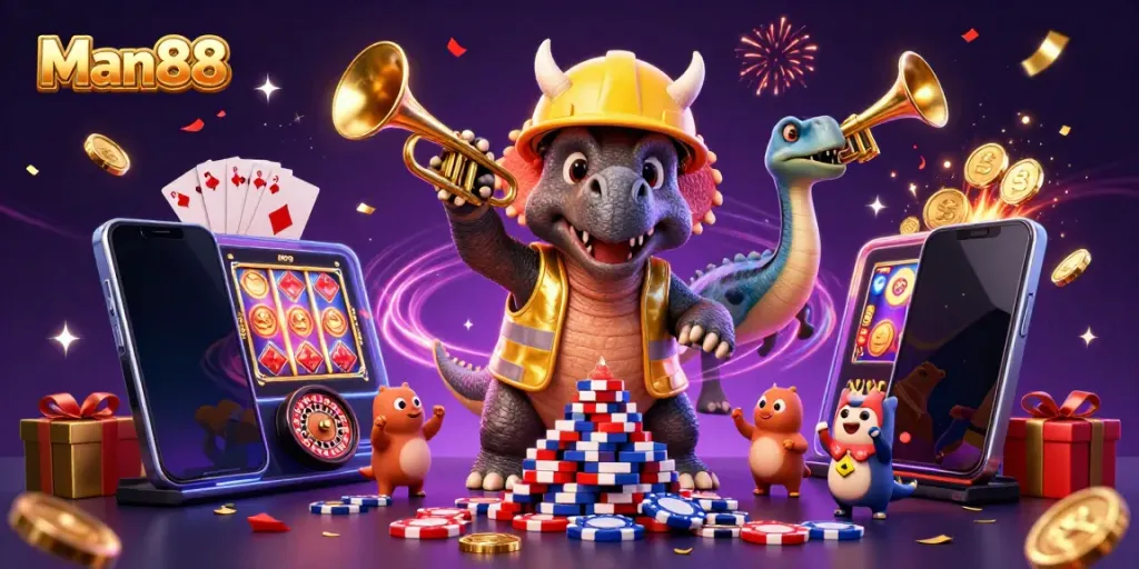 Experience thrilling gaming with Man88 as colorful slot reels burst into action.