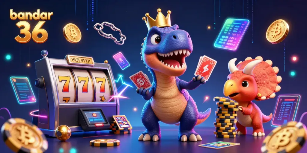 Bandar 36, karakter kartun dino berpengalaman dengan banyak koin slot dan jackpot bersinar.