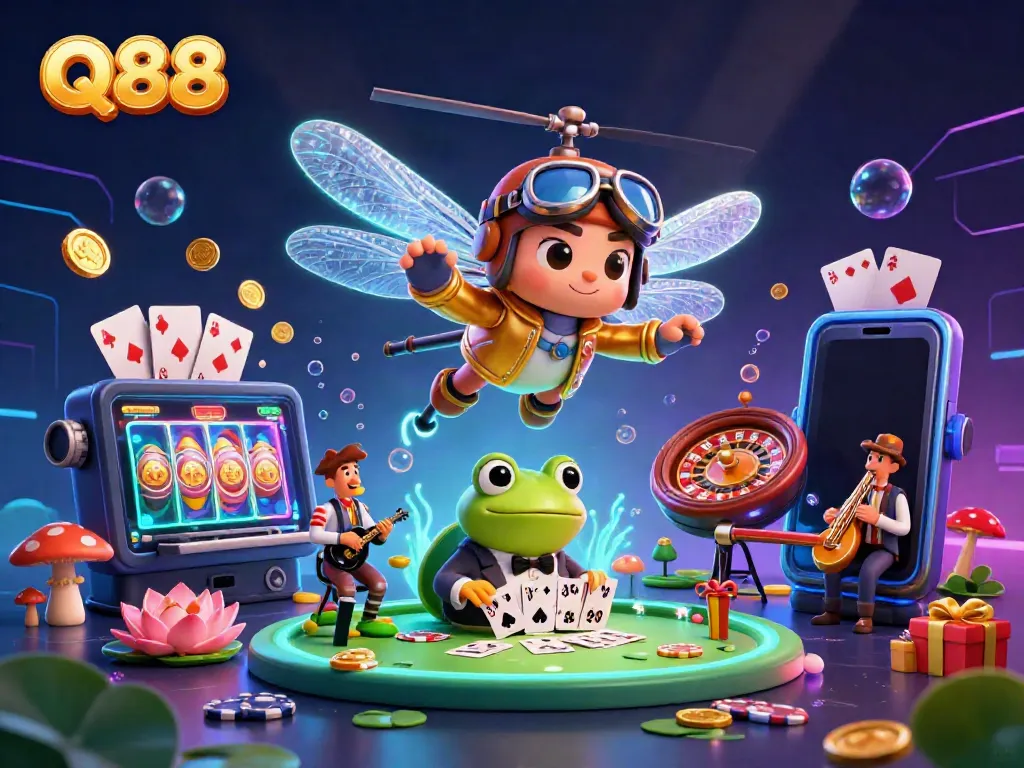 Join the excitement of Q88 with rich casino gaming elements in a vibrant 3D scene.