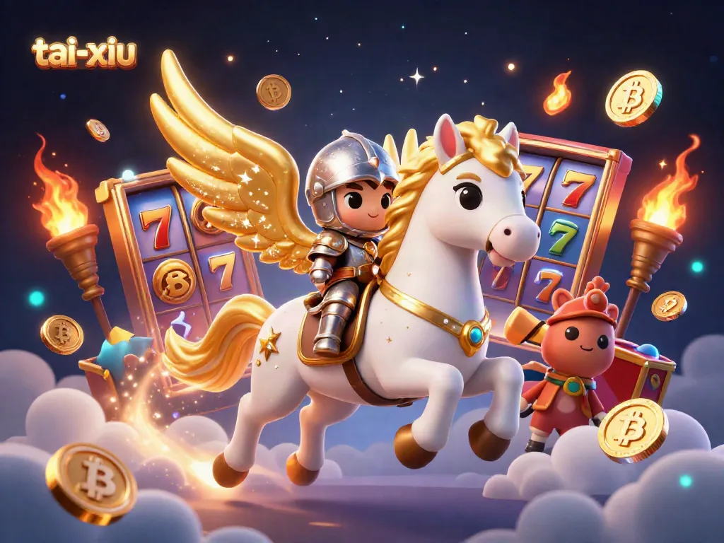 Experience the thrill of tai-xiu with a celestial horse and knight amidst vibrant slot reels and neon coins.