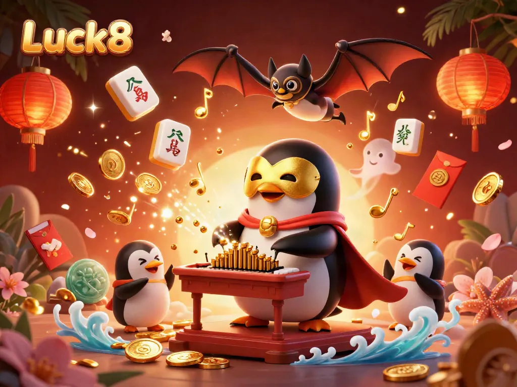 Experience the thrill of Luck8 with a vibrant 3D scene of a penguin playing an organ while coins fly