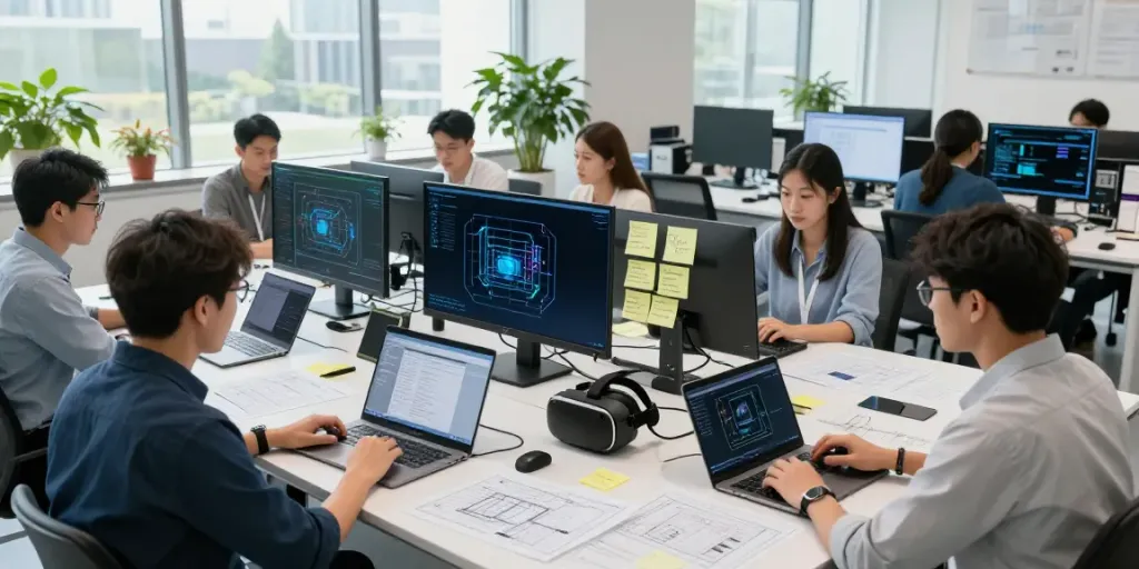 Enterprise AI development team collaborating on innovative models in a modern tech lab.