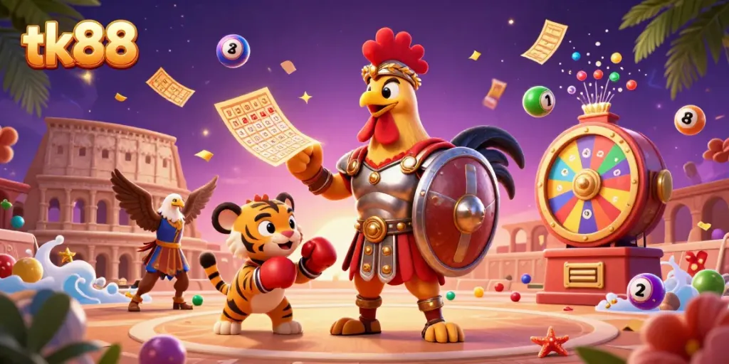 Engage in thrilling gaming with tk88, a vibrant 3D casino scene showing excitement and dynamic elements.
