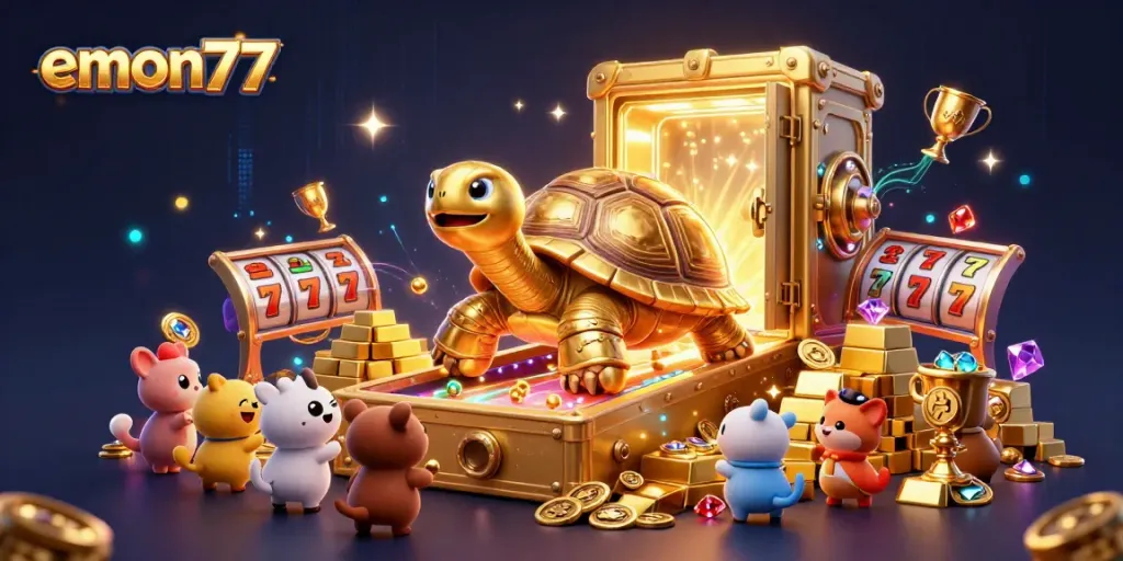Experience gaming excitement with emon77 as excitement builds around a colossal golden tortoise pinball machine.