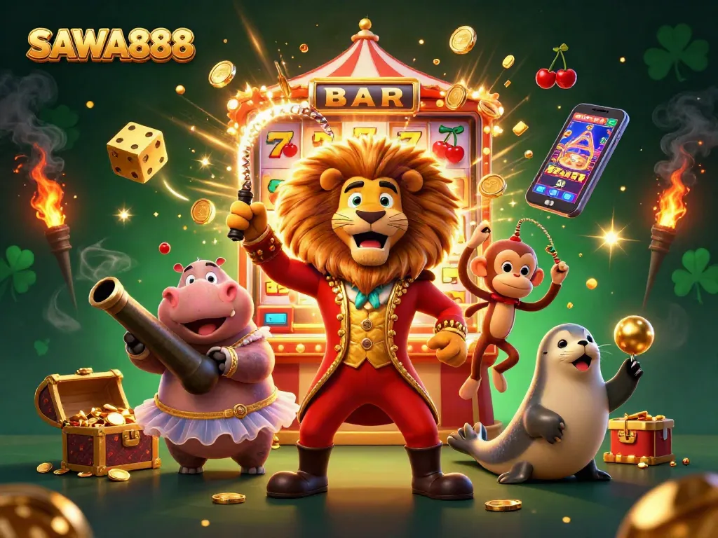 Experience the excitement of SAWA888 with a vibrant casino-themed 3D illustration full of action.