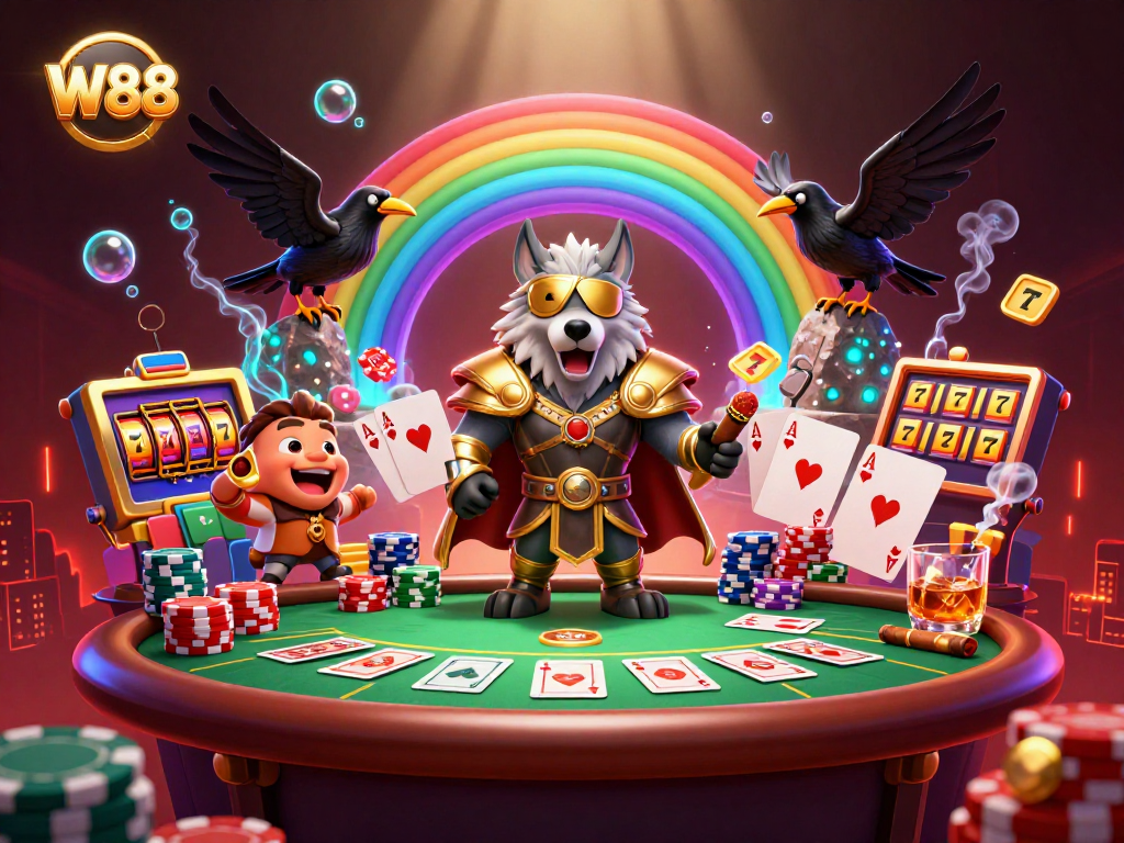 W88 slot gaming scene featuring Odin and ravens amidst colorful poker chips and casino elements.
