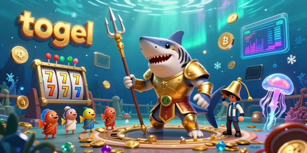 Engage in thrilling togel gaming with a dynamic underwater scene featuring a tiger shark and vibrant casino elements.