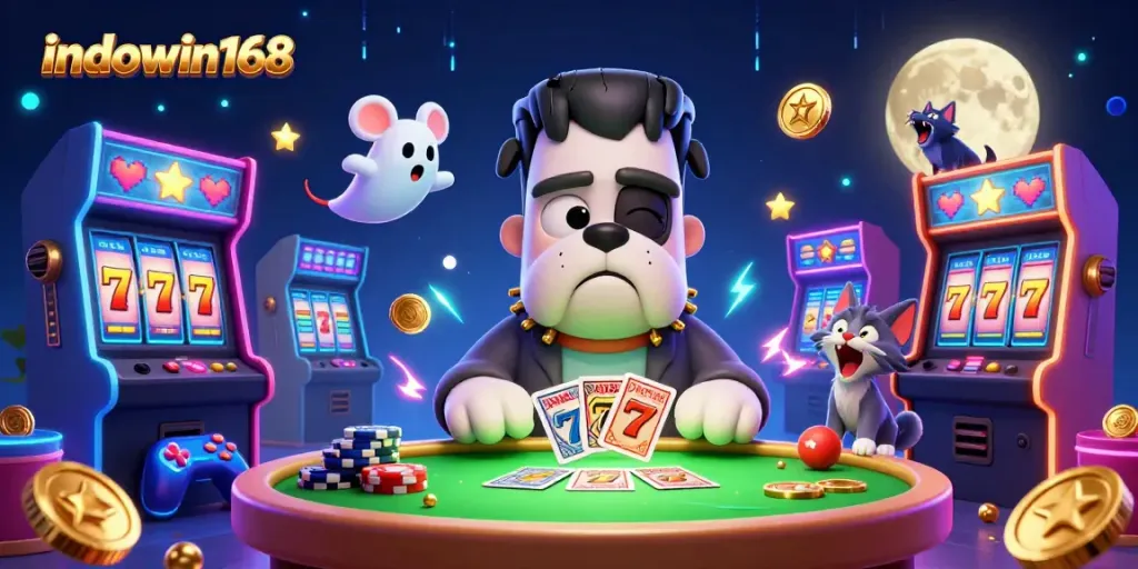 Engage in thrilling gameplay with indowin168 as a Frankenstein bulldog and ghost mouse create a lively casino scene.