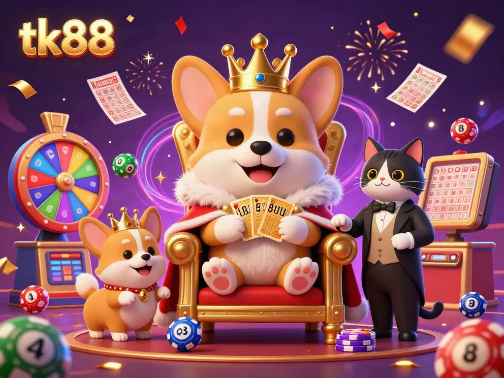 Experience the vibrant casino world of tk88 with a royal corgi and colorful gaming elements.