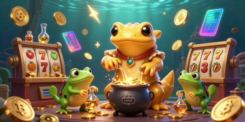 8s slots action featuring a golden salamander alchemist creating gold coins amidst vibrant casino elements.
