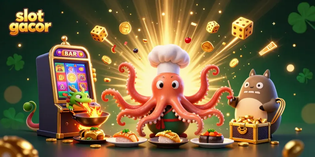 Slot gacor, ilustrasi 3D penuh warna dan detail, menggambarkan pengalaman kasino yang seru.