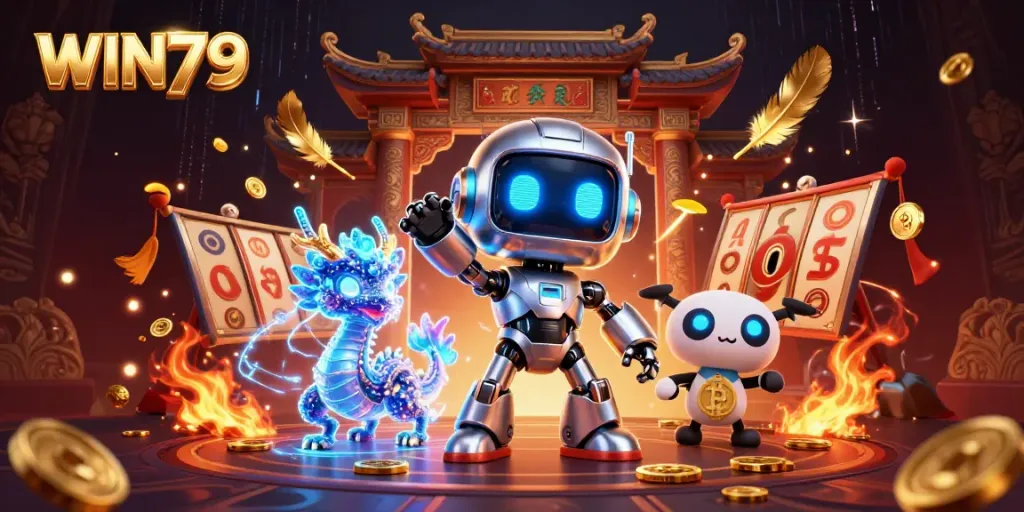 Experience WIN79 with a vibrant 3D scene showcasing a cyberpunk robot and AI dragon surrounded by dynamic casino elements.