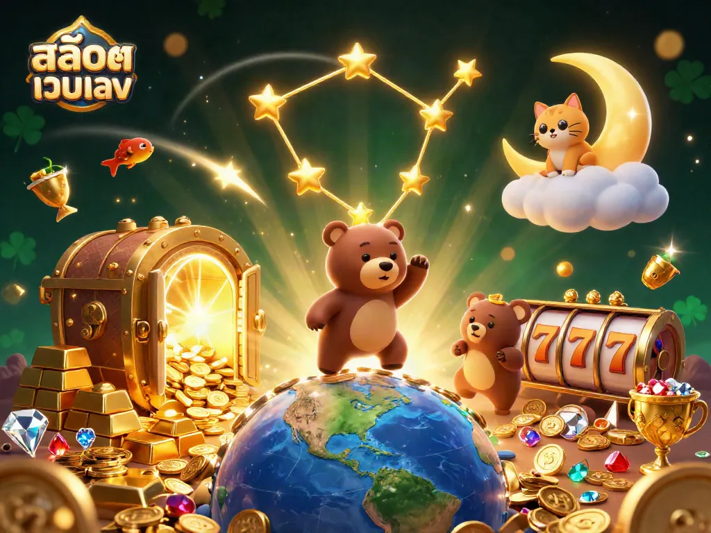 Experience สล็อตเว็บตรง gaming action with vibrant 3D casino-themed digital art featuring stars and treasures.