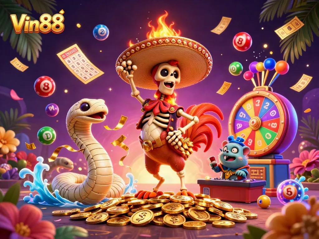 Experience excitement at Vin88 with colorful lottery balls and dynamic casino elements.