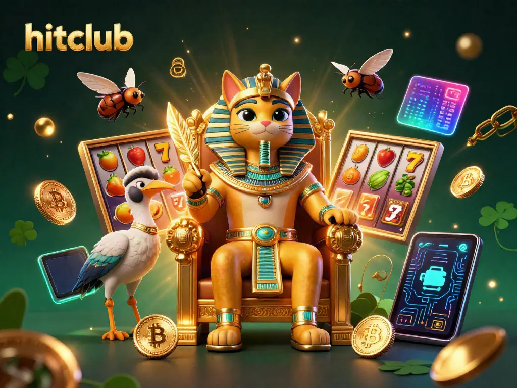 Experience the vibrant hitclub casino scene with Egyptian pharaoh cat royalty and dynamic slot reels.